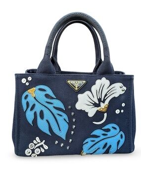 Prada Canapa Hawaii Tropical Leaf Appliqué Blue Canvas Tote Medium Authentic